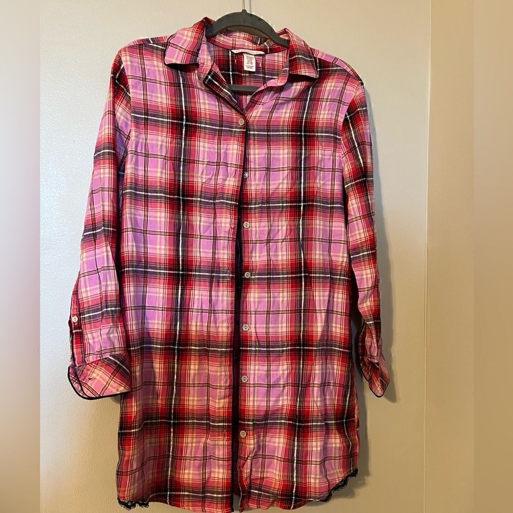 Victoria's Secret Red & Pink Flannel Button
Front Pajama Sleep Shirt Dress